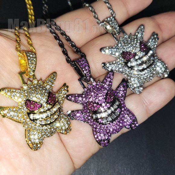 Hip Hop Iced Cubic Zirconia Bling Gengar Pendant & 3mm 24" Rope Chain Necklace - Picture 1 of 4